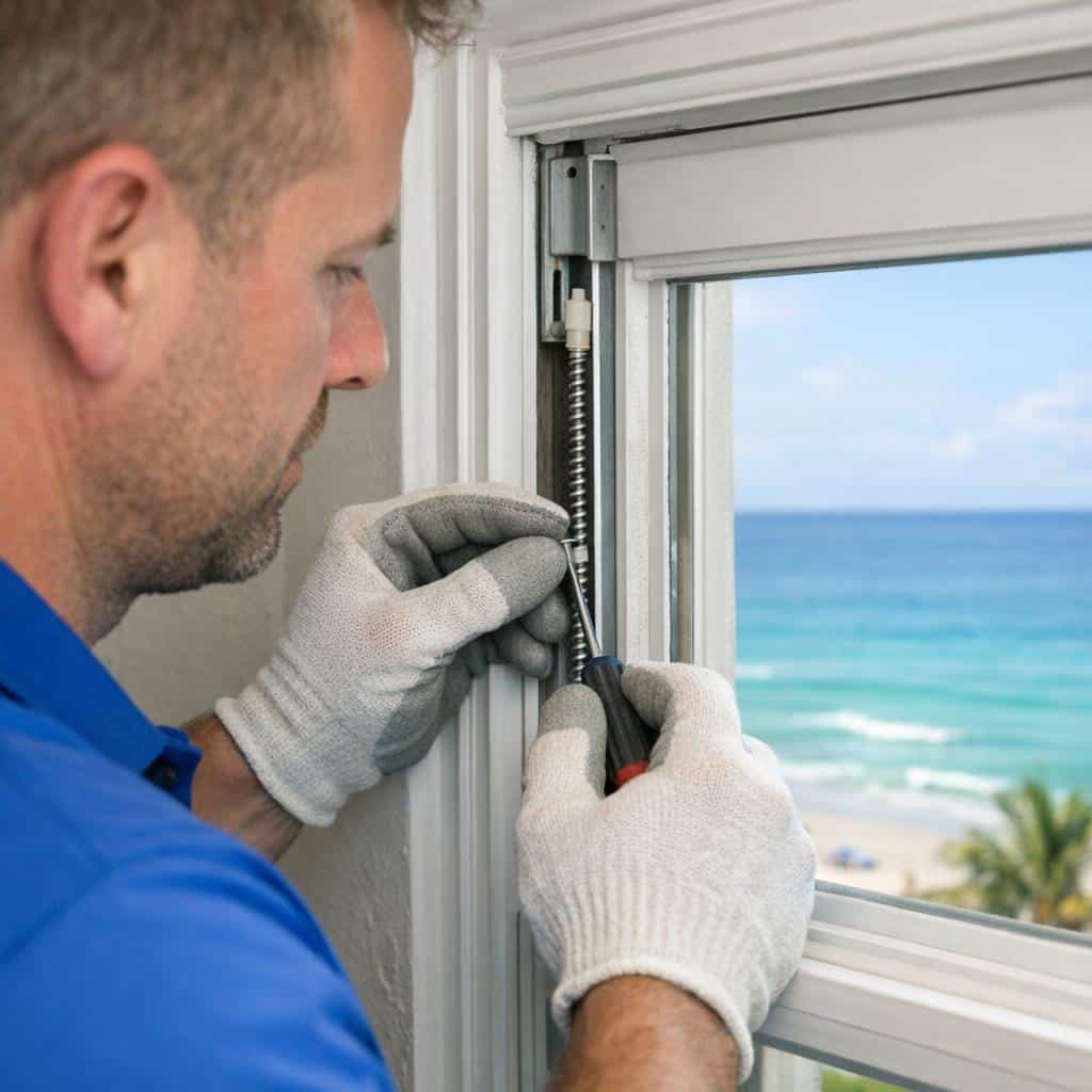 Window repair technician replacing spiral balance in Hutchinson Island oceanfront condo